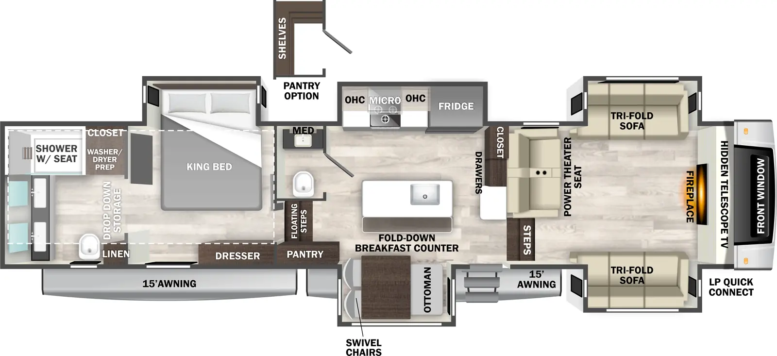 The Cedar Creek 370FL floorplan has one entry and five slide outs. Exterior features include: fiberglass exterior and 15' & 15' awning. Interiors features include: kitchen island, front living, rear bathroom and bathroom and a half.